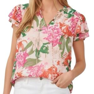 NWT CECE Floral Tiered Ruffle Short Sleeve Tie Front Lined Blouse Size X-Large
